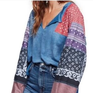 We The Free Blue V-Neck Patchwork Sleeve Top